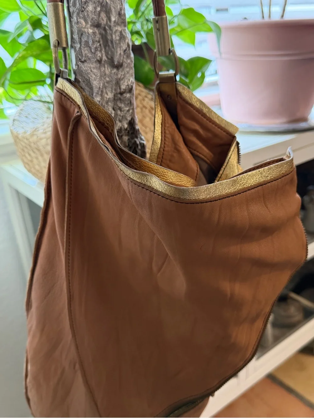 Leather Tassel Hobo Bag - Brown & Gold
